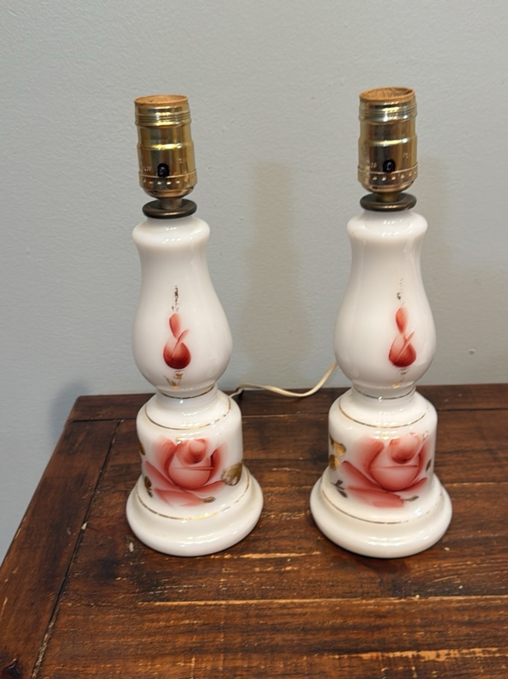 Ventage Pair of White Ceramic Table Lamps with Pink Rose Design